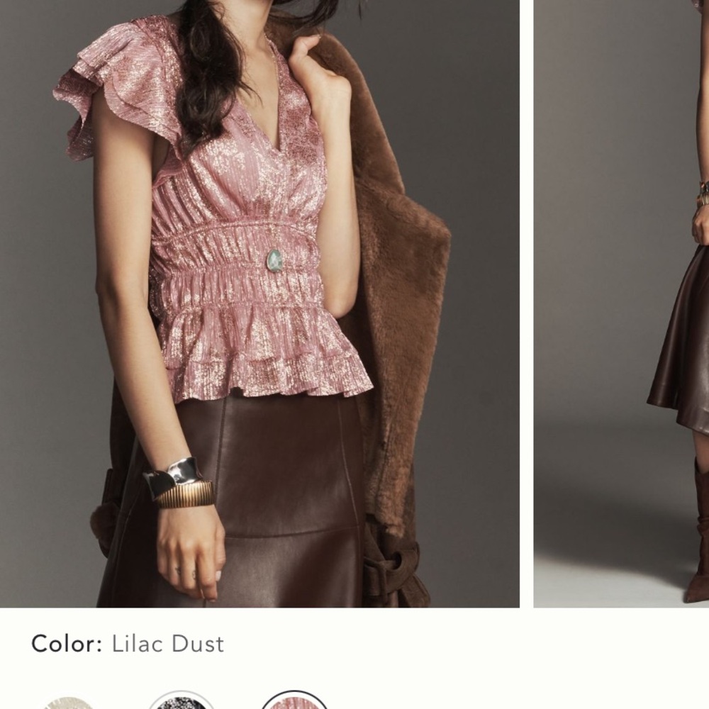 Anthropologie Metallic Smocked Flutter Sleeve Top